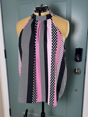 SHEIN Pink & Black Halter Striped Polka Dot Camisole